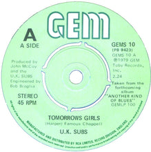 Load image into Gallery viewer, U.K. Subs* : Tomorrows Girls (7", Single, Blu)