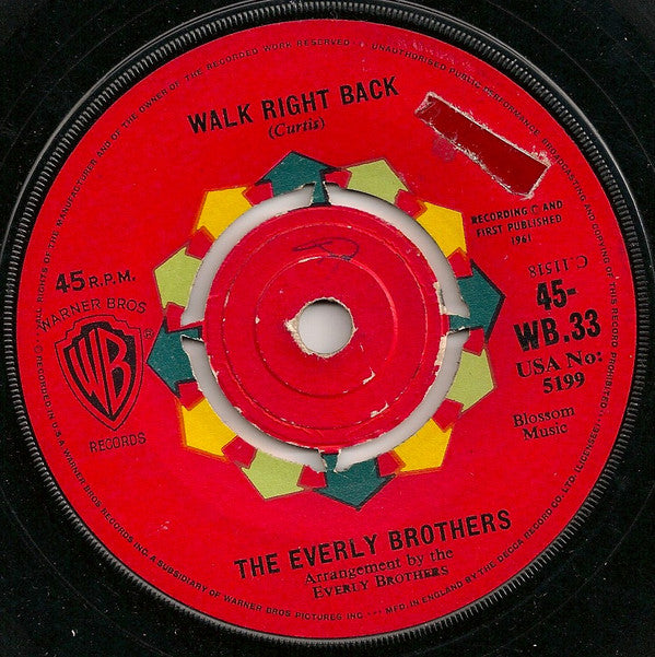 Everly Brothers : Walk Right Back / Ebony Eyes (7