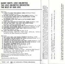 Load image into Gallery viewer, Barry White, Love Unlimited, The Love Unlimited Orchestra* : The Best Of Our Love (Cass, Comp)
